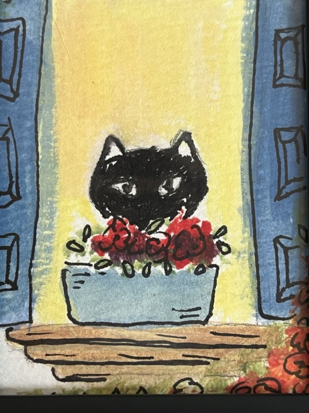Whimsical Black Cat original miniature painting mini framed art 3.5" x 4/34" - Picture 5 of 5